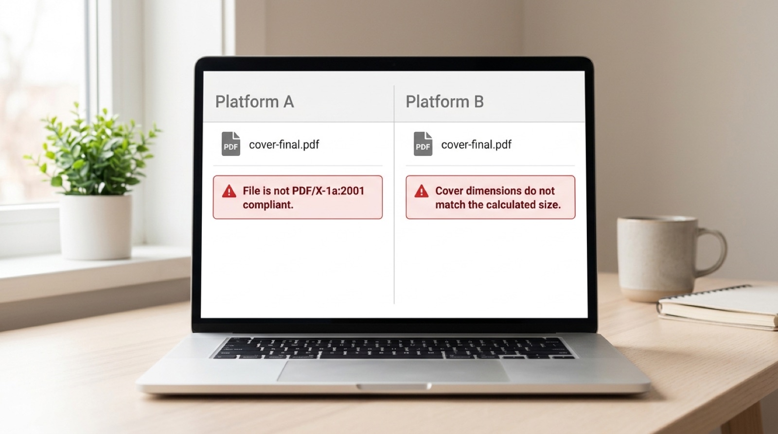 A laptop showing two upload screens side by side, one rejecting a file for PDF/X-1a compliance and the other rejecting the same file for cover dimensions.