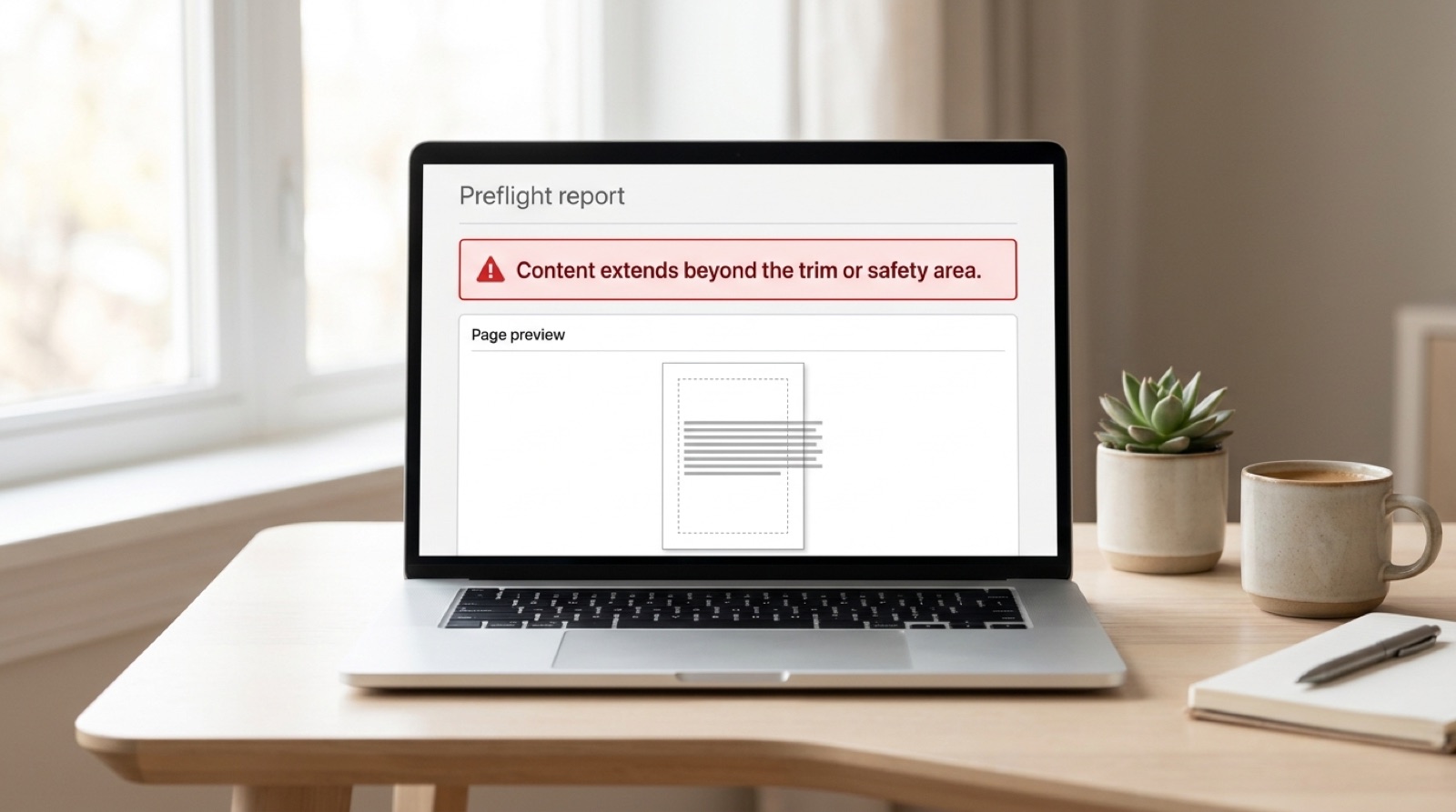 A laptop showing a preflight report with a red alert reading: Content extends beyond the trim or safety area, above a page preview with text crossing the margin guide.
