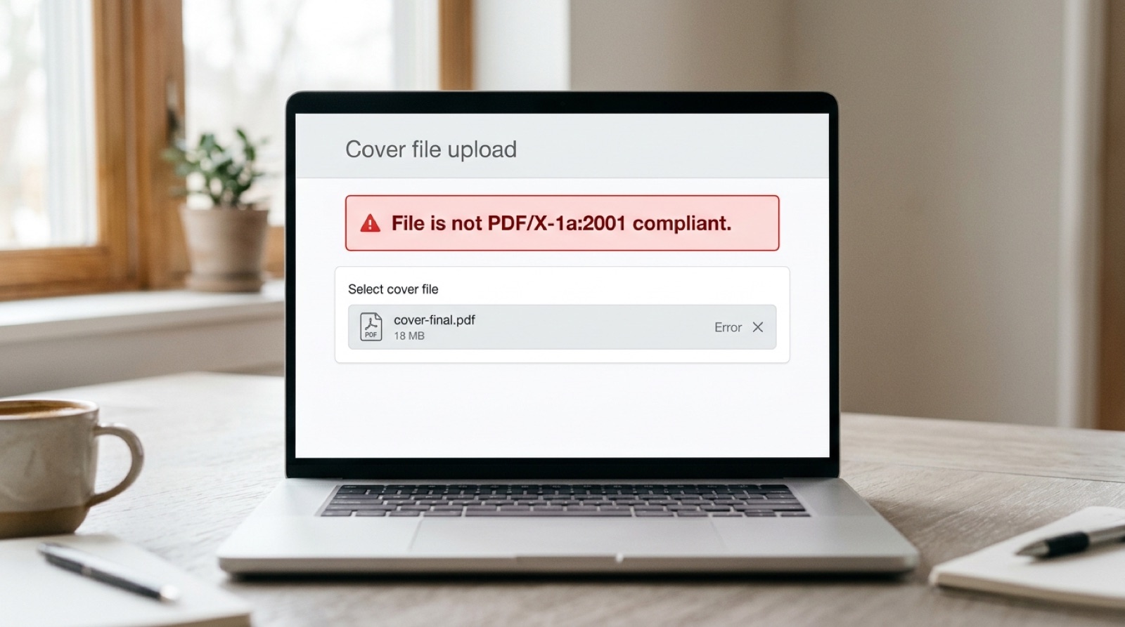 A laptop showing a book printing upload screen with a red alert reading: File is not PDF/X-1a:2001 compliant.